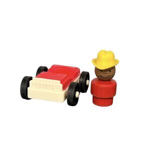 Vintage Fisher Price Little People Wood African American Cowboy & Red/White Car